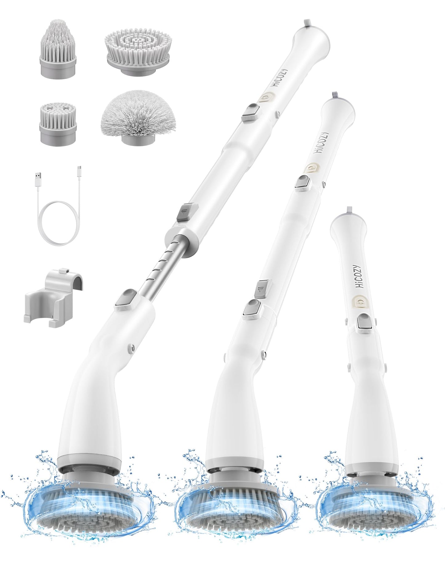 HiCOZY Electric Spin Scrubber HS1 Cordless Shower Scrubber for Cleaning with 4 Replaceable Brush Heads Adjustable Extension Handle IPX7 Waterproof Cleaning Brush for Bathroom Floor White