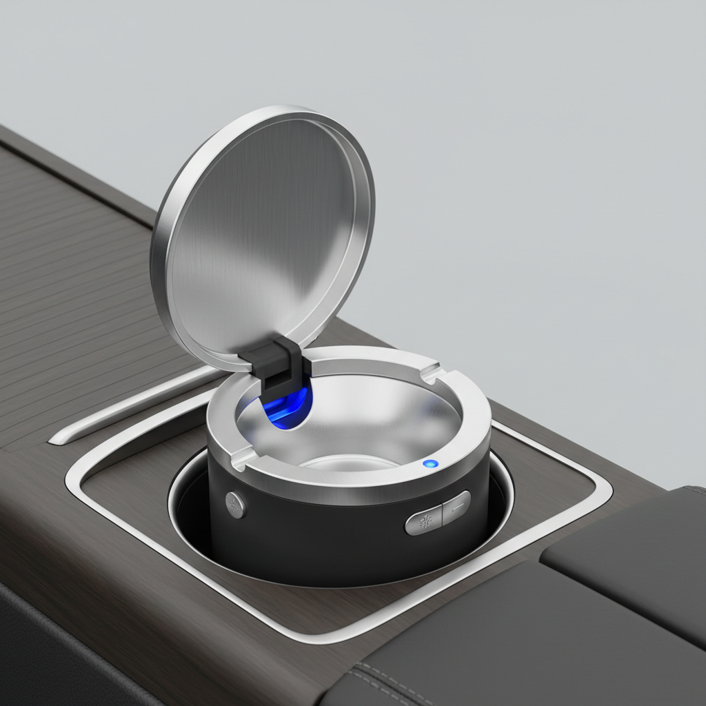 Multi-function car ashtray with lid open showing interior compartment